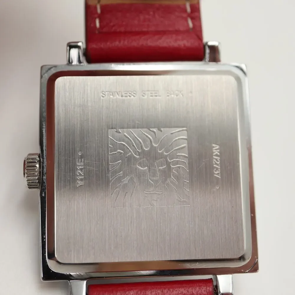 Anne Klein 34mm Square Silver Tone Womens Watch Red Leather Strap w New Battery